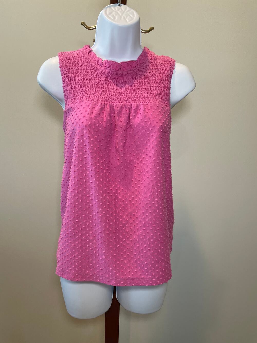 J.Crew Pink Sleeveless Top M Ruffle Neck Cotton Blend Textured Lightweight